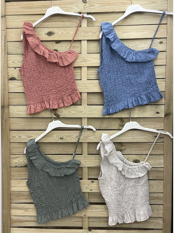 Top asimétrico fruncido de lino con volantito