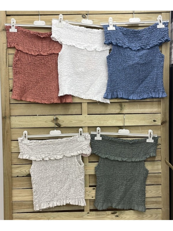 Top fruncido de lino hombros descubiertos