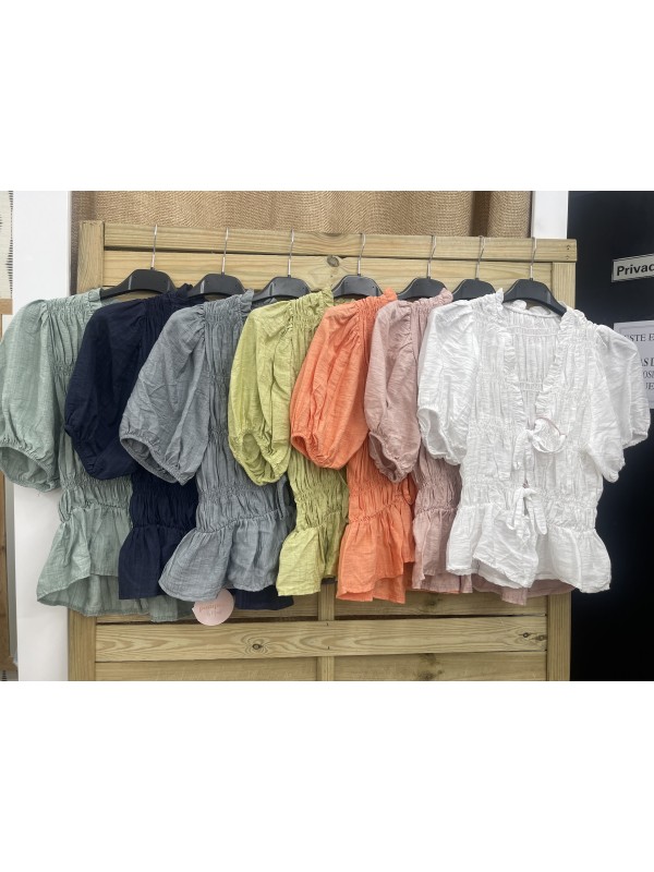 Camisa frunces doble lazo de manga corta