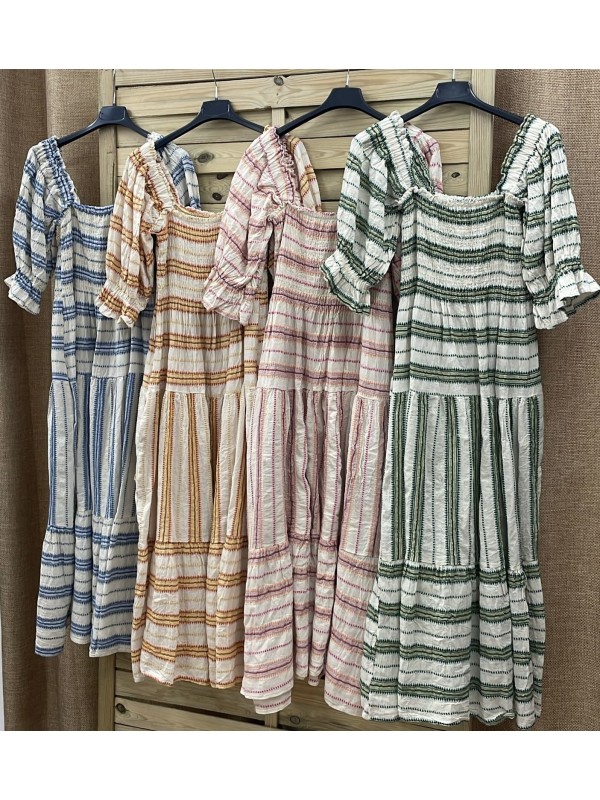 Vestido rayas pecho fruncido y manga abullonada