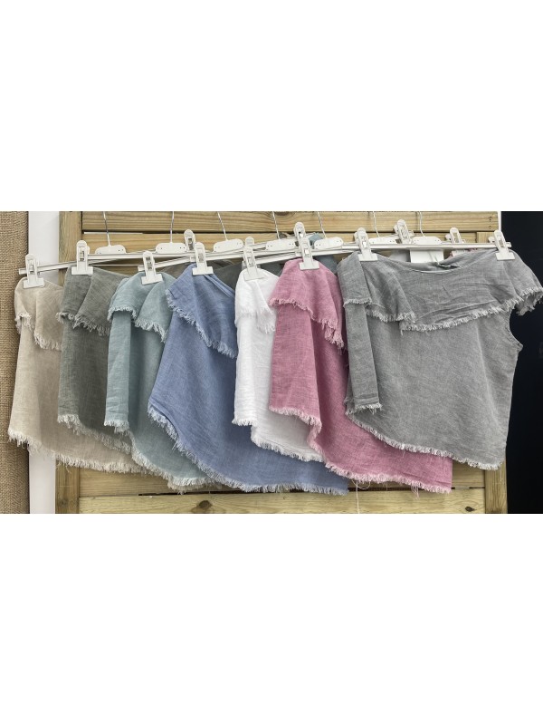 Top lino asimétrico desflecado con volante