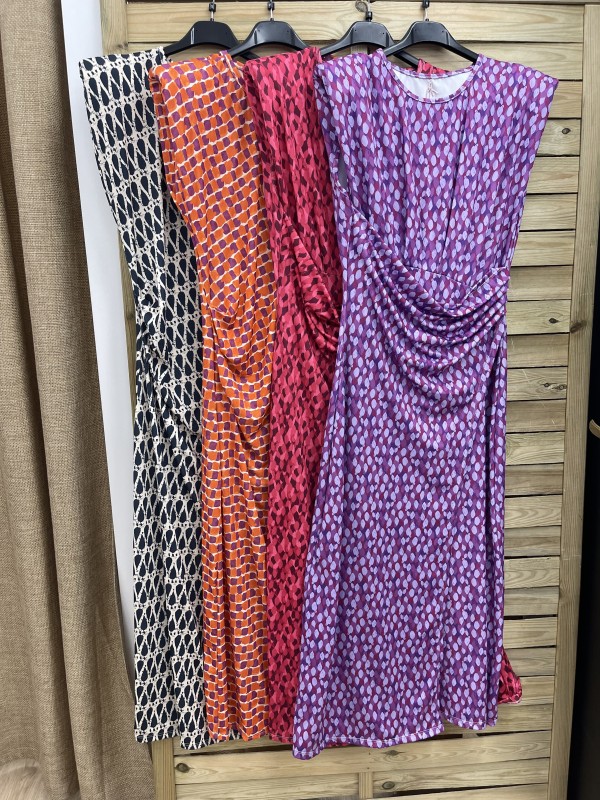 Vestido estampado hombrera y drapeado