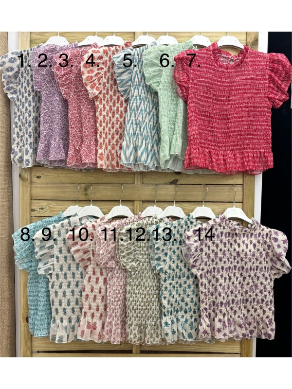 Camisa corta fruncida estampada brillo