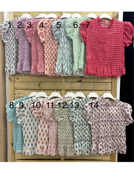 Camisa corta fruncida estampada brillo