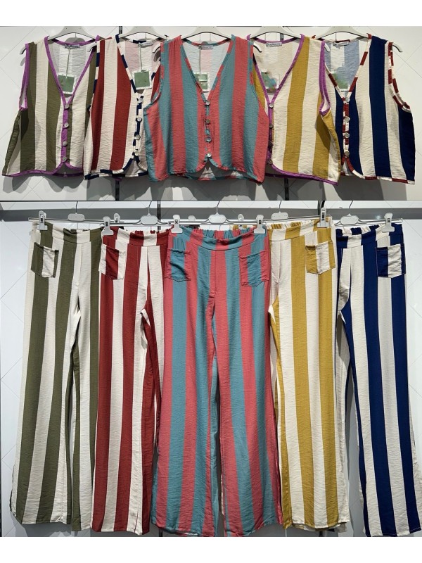 Conjunto de chaleco y pantalón bolsillos de rayas bicolor