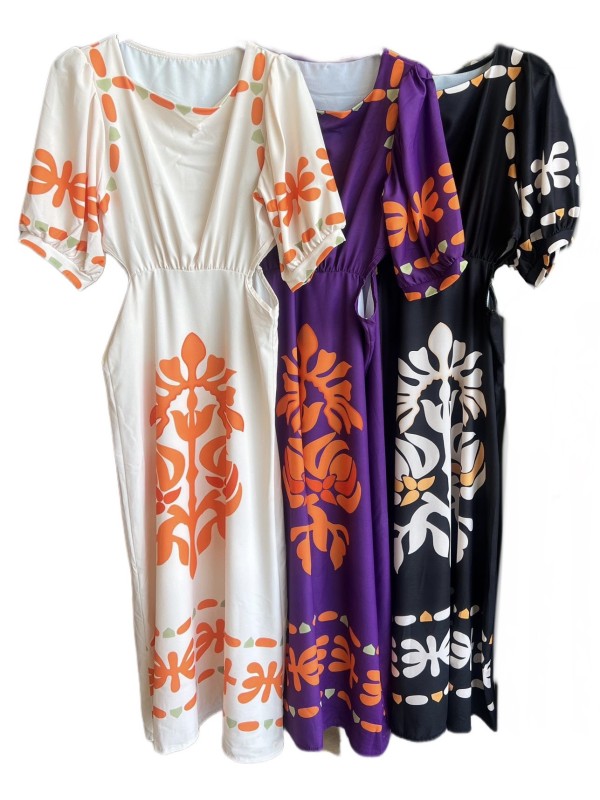 Vestido estampado cut out con manga abullonada