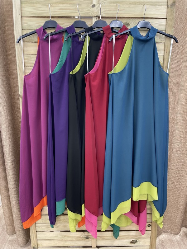 Vestido gasa cuello halter bicolor