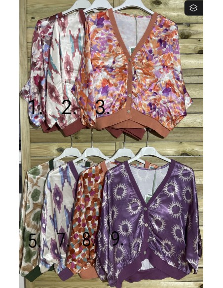 Chaqueta satén estampada con botones y bordes de punto