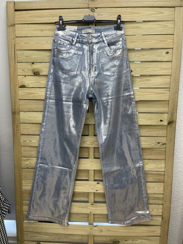 Jeans azul con efecto encerado plata
