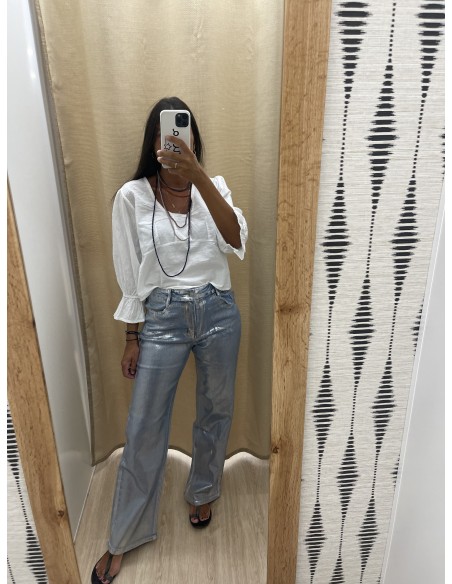 Jeans azul con efecto encerado plata